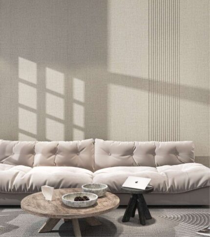 Panel decorativo tipo tela instalado en pared de sala moderna, tono Sidney Beige